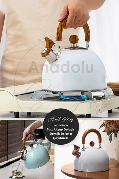 Anadolu Saray Whistling 3 Liter Teapot Kettle Wood Details - Scandinavian Style Stainless Steel