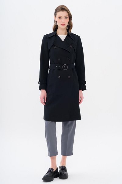 Olcay Double Breasted Lined Trench Coat with Cape and Epaulettes Black 6681