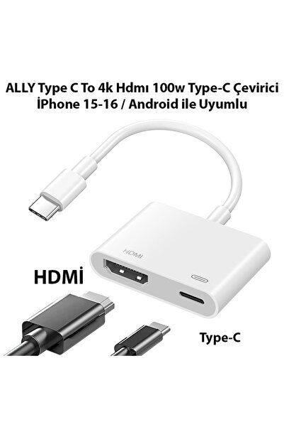 Ally Type C To 4k Hdmı 100w Type C Çevirici İPhone 15 İPhone 16 Android BEYAZ