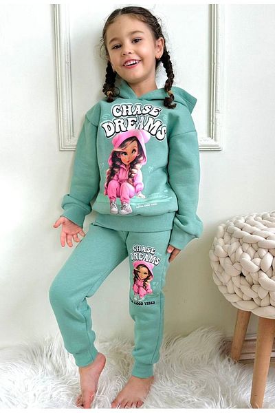 yagmurgiyim PJK3İ Dreams Girls με μοτίβο πράσινο 3 κλωστές ροζ χρυσό κουκούλα 100% βαμβάκι Σετ φόρμας για κορίτσια 3-10 ετών