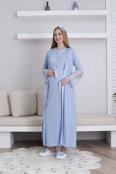 LOHOUSE Set de 2 cămăși de noapte pentru maternitate, din bumbac, cu design albastru, pentru femei