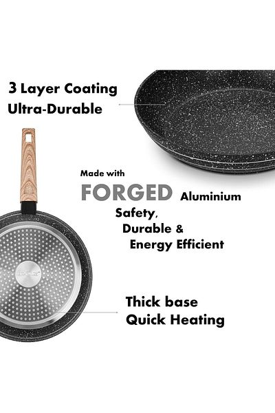 Auroware Non Stick 20 CM Fry pan Black, Forged Aluminium, 3 Layer Marble Coating, Dishwasher Safe