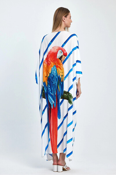 Denismoda Vp932 Women's V-Neck Back Parrot Print Large Size Dress White Blue