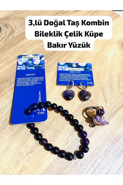 Bizde Ne Yok ki There Are 3 Model Options Natural Stone Combination Bracelet Steel Earrings Copper Ring