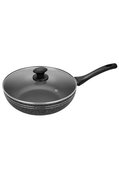 Auroware Non-Stick 28 CM Wok Pan with Lid Black Aluminium Marble Three layer Non stick coating