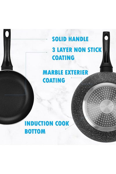 Auroware Non-Stick 28 CM Wok Pan with Lid Black Aluminium Marble Three layer Non stick coating