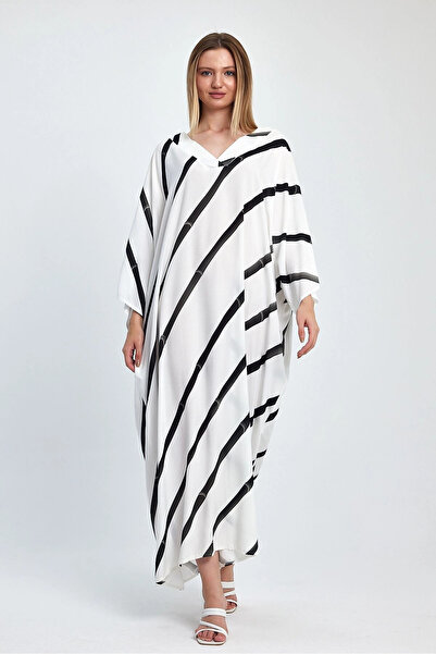 Denismoda VP932 Γυναικείο φόρεμα με λαιμόκοψη σε σχήμα V με σχέδιο παπαγάλου σε μεγάλο μέγεθος ΛΕΥΚΟ ΜΑΥΡΟ