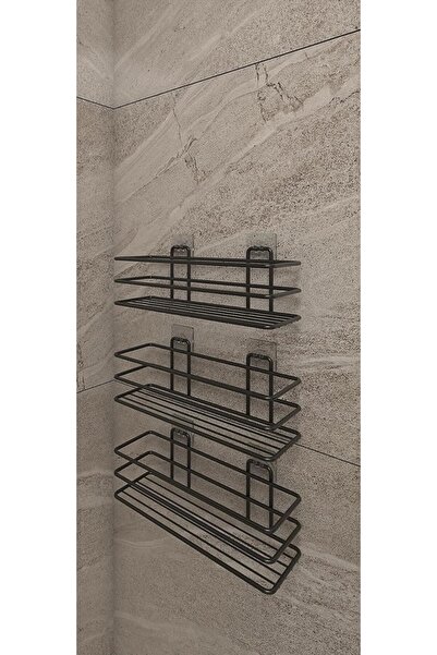 BellaBagno Yapışkanlı Siyah TŞ01 Banyo ve Mutfak Rafı, Siyah Banyo Duş Askısı...