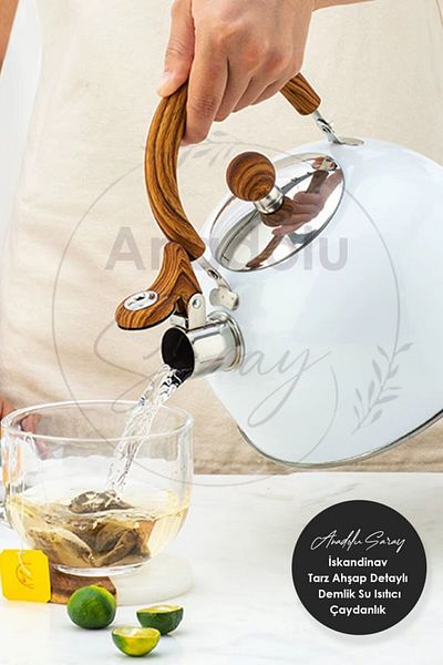 Anadolu Saray Whistling 3 Liter Teapot Kettle Wood Details - Scandinavian Style Stainless Steel