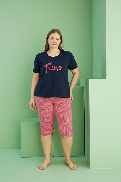 Siyah İnci Navy Blue Patterned Curve Plus Size Oversize Cotton Capri Suit 25112747