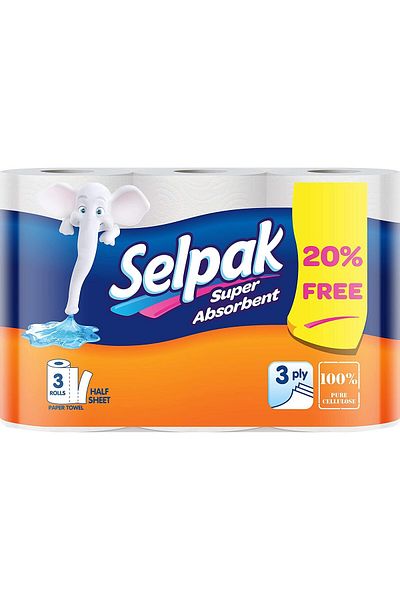 Selpak Super Absorbent Kitchen Paper Towel - 3 Ply - 3 Rolls