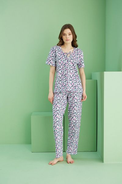 Siyah İnci Set pijamale din bumbac tricotat cu decolteu cu model 25113221