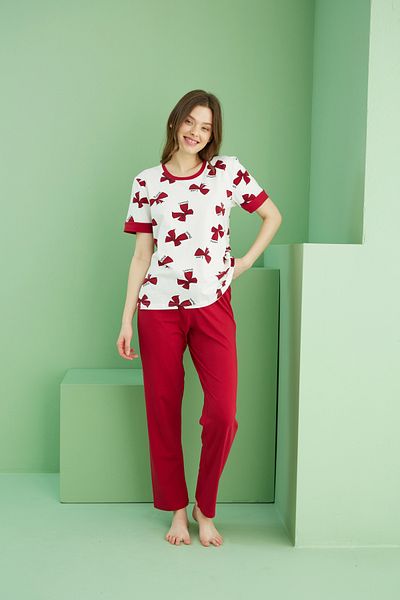 Siyah İnci Ecru Patterned Cotton Crew Neck Knitted Pajama Set 25117076