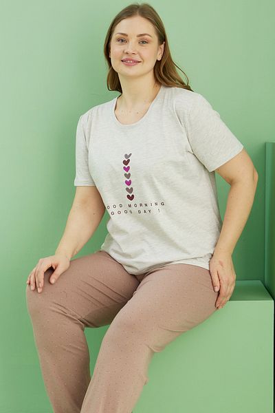 Siyah İnci Beige Melange Motives Curve Motives Large Size Oversize Cotton Pajama Set