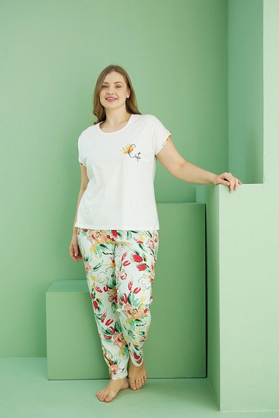 Siyah İnci Ecru Patterned Curve Plus Size Oversize Cotton Pajama Set 25113758