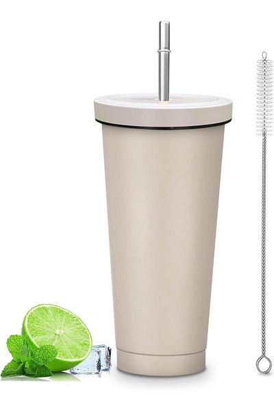 COOYA كوب قهوة للسفر سعة 750 مل، كوب معزول بغطاء وقشة، للاستخدام في المنزل أو المكتب أو التخييم (أبيض)