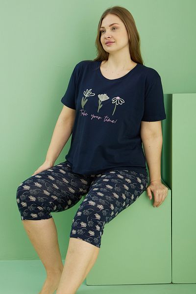 Siyah İnci Navy Blue Patterned Curve Plus Size Oversize Cotton Capri Suit 25112728