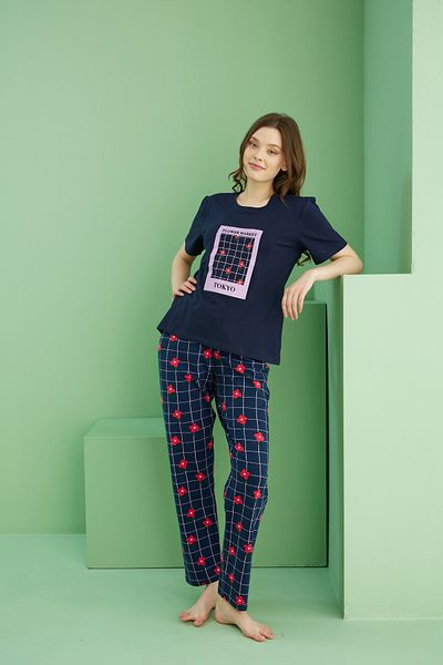 Siyah İnci Navy Blue Patterned Crew Neck Knitted Cotton Pajama Set 25113222