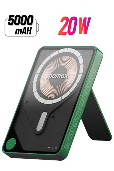 Momax 1- باور إكس برو 5000 مللي أمبير/ساعة، بنك طاقة لاسلكي مغناطيسي مع حامل وكابل USB-C مدمج - أخضر