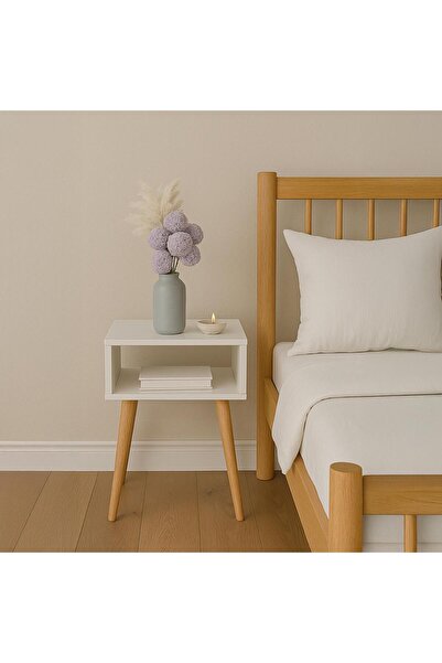 ka tasarım Beyaz Tek Raflı Komodin Masif Ahşap Torna Ayaklı 40x35cm