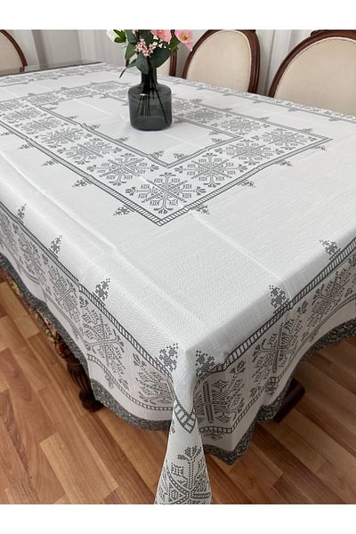 Madame Clean Home Luxury Stain-Resistant Linen Printed Table Cloth 160X220 Gray