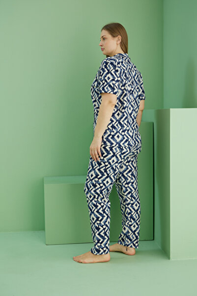 Siyah İnci Navy Blue Patterned Bürümcük Krınkıl Fabric Curve Large Size Oversize Buttoned Pajama Set 25118721