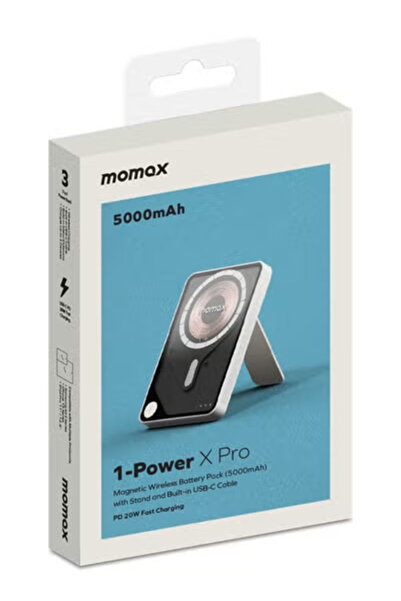 Momax 1-Power X PRO 5000mAh Magnetic Wireless Power Bank with Stand and Built-in USB-C Cable - White