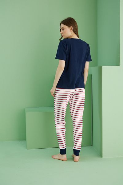 Siyah İnci Navy Blue Patterned Crew Neck Knitted Cotton Pajama Set 25113251
