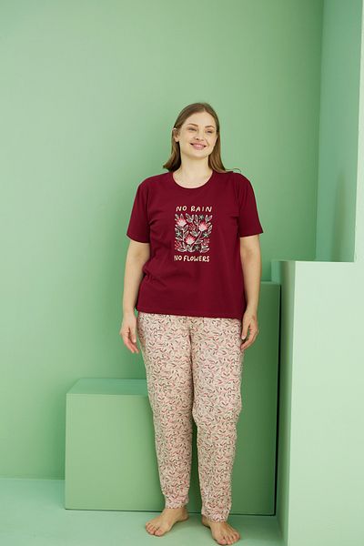 Siyah İnci Dark Burgundy Patterned Curve Plus Size Oversize Cotton Pajama Suit 25113768