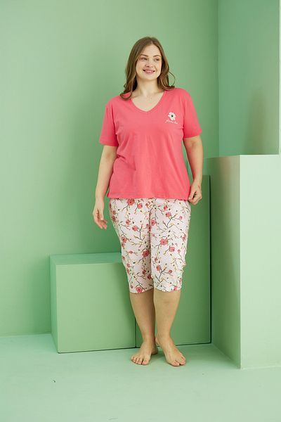 Siyah İnci Pomegranate Flower Color Patterned Curve Plus Size Oversize Cotton Capri Suit 25112771
