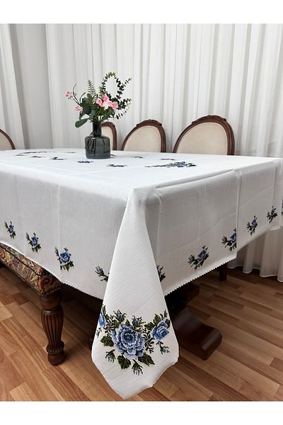 Madame Clean Home Față de masă de lux cu imprimeu din in, rezistentă la pete, 160x220, floare albastră