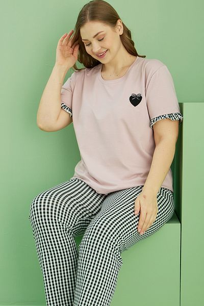 Siyah İnci Powder Patterned Curve Plus Size Oversize Cotton Pajama Set 25113736