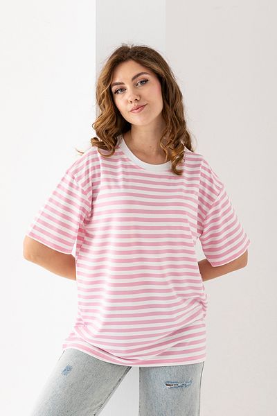 EtkiModa Γυναικεία ροζ και λευκή ριγέ υπερμεγέθη κοντομάνικη μπλούζα βισκόζης χτενισμένη βαμβακερή