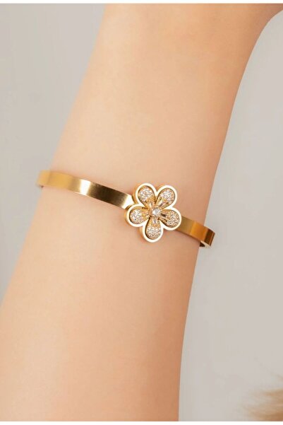 Tasarım Taş İşlemeli Çelik Çiçek Kelepçe Bileklik