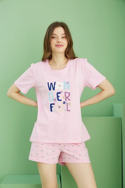 Siyah İnci Σετ πλεκτό σορτς με ροζ στάμπα Cotton Crew Neck 25115031