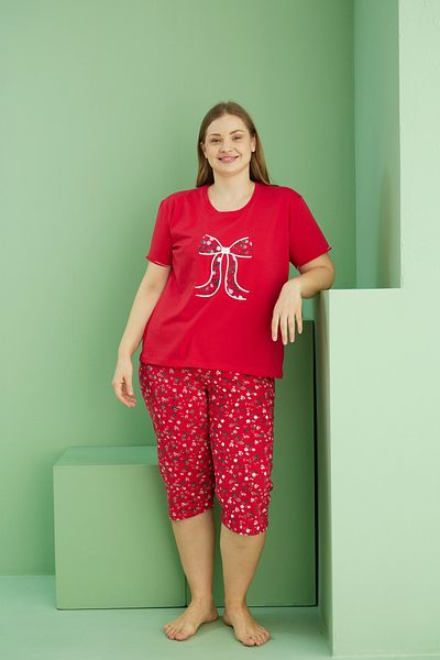 Siyah İnci Κόκκινο μοτίβο Curve Plus Size Oversize Βαμβακερό Κάπρι Σετ 25112788