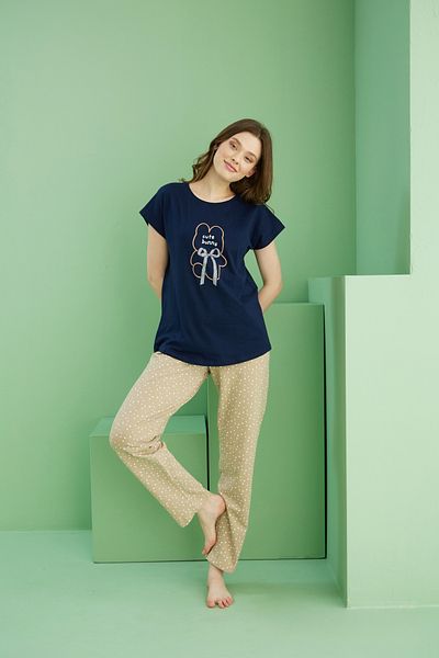 Siyah İnci Navy Blue Patterned Crew Neck Knitted Cotton Pajama Set 25113213