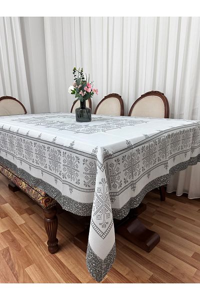 Madame Clean Home Luxury Stain-Resistant Linen Printed Table Cloth 160X220 Gray
