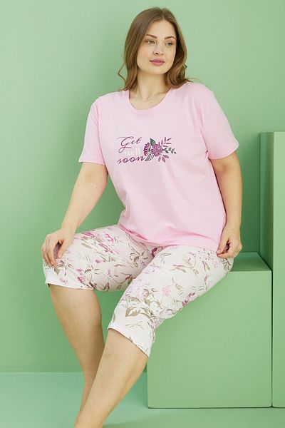 Siyah İnci Pink Patterned Curve Plus Size Oversize Cotton Capri Suit 25112727