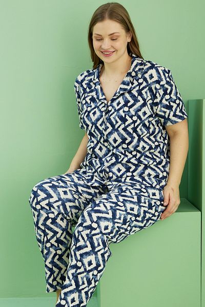 Siyah İnci Navy Blue Patterned Bürümcük Krınkıl Fabric Curve Large Size Oversize Buttoned Pajama Set 25118721