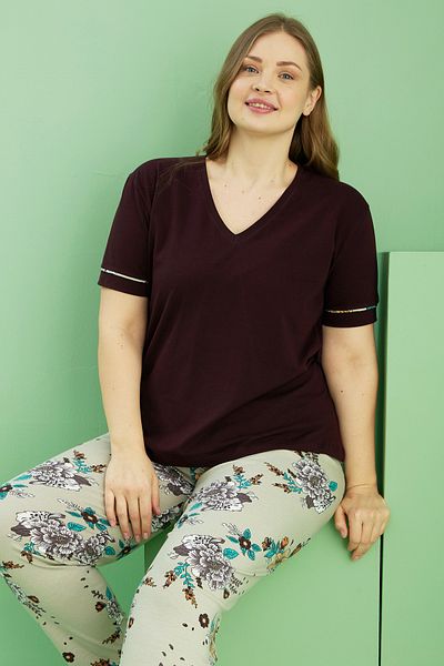 Siyah İnci Καφέ σχέδιο Curve Plus Size Oversize Βαμβακερό Σετ Πιτζάμες 25113757