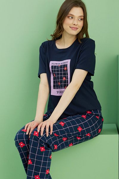 Siyah İnci Navy Blue Patterned Crew Neck Knitted Cotton Pajama Set 25113222