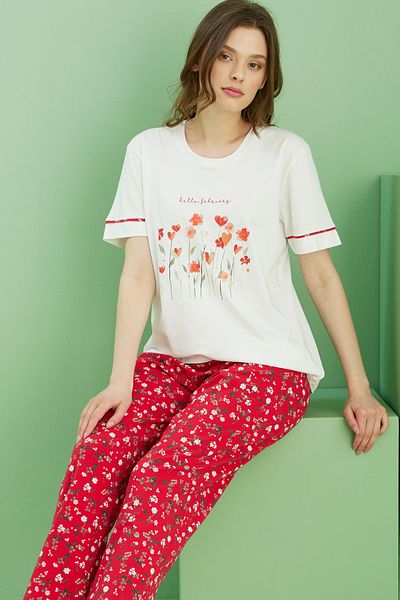 Siyah İnci Ecru Patterned Crew Neck Knitted Cotton Pajama Set 25113270