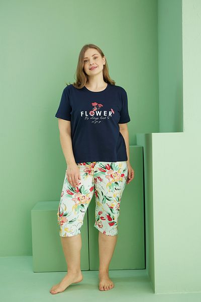 Siyah İnci Navy Blue Patterned Curve Plus Size Oversize Cotton Capri Suit 25112776