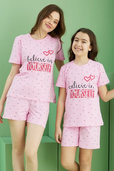 Siyah İnci Pink Patterned Cotton Crew Neck Knitted Shorts Set 25115038
