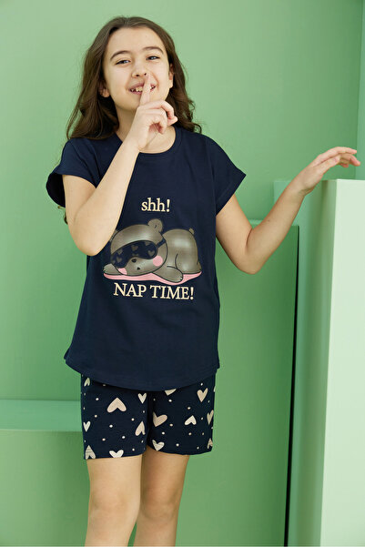 Siyah İnci lacivert desenli Pamuklu Bisiklet Yaka Örme Şort Takım25115034