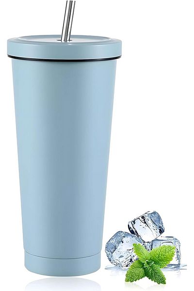COOYA Reusable Iced Coffee Cup,750ml Vacuum Travel Coffee Mug with Splash-Proof Lid and Metal Straw