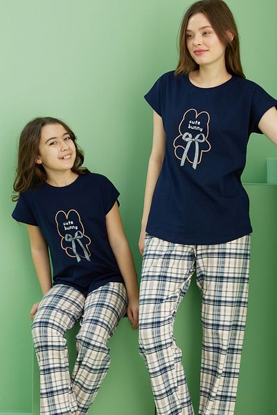 Siyah İnci Navy Blue Patterned Cotton Crew Neck Knitted Pajama Set 25117083