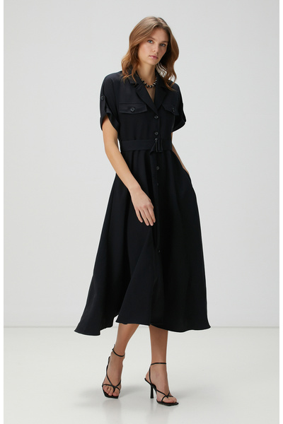 Network Siyah Diyagonal Desenli Midi Elbise