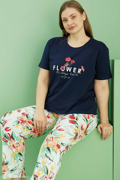 Siyah İnci Navy Blue Patterned Curve Plus Size Oversize Cotton Pajama Set 25113805